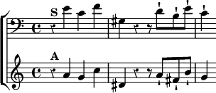  \new ChoirStaff << \override Score.Rest #'style = #'classical
  \new Staff \relative e' { \clef bass \key a \minor
    r4^\markup \bold "S" e c f | gis, r r8 d'\staccatissimo b\staccatissimo e\staccatissimo c4\staccatissimo }
  \new Staff \relative a' { \key a \minor
    r4^\markup \bold "A" a g c | dis, r r8 a'\staccatissimo fis\staccatissimo b\staccatissimo | g4 } >>