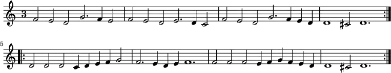 { \relative f' { \override Staff.TimeSignature.style = #'single-digit \time 3/1
\repeat volta 2 { f2 e d g2. f4 e2 | f e d e2. d4 c2 | %end line 1
  f e d g2. f4 e d | d1 cis2 d1. }
\repeat volta 2 { d2 d d c4 d e f g2 | f2. e4 d e f1. | %end line 3
  f2 f f e4 f g f e d | d1 cis2 d1. } } }