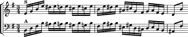  \new ChoirStaff <<
  \new Staff \relative e' { \key e \minor \time 3/4
    e16^\markup \bold "S" g b e dis e d e cis e c e |
    b e dis e ais, cis g fis g ais fis e | d8[ b'] }
  \new Staff \relative b, { \clef bass \key e \minor
    b16^\markup \bold "A" d fis b ais b a b gis b g b |
    fis b ais b eis, gis d cis d eis cis b | ais8[ fis'] } >>