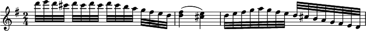 { \key g \major \time 2/4 \relative d''' { d32[ e d cis] d[ cis d cis] d[ cis b a] g[ fis e d] | <d fis>4( <e cis>) | d32[ e fis g a g fis e] d[ cis b a g fis e d] } }