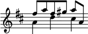  \relative f'' { \key d \major \override Score.TimeSignature #'stencil = ##f << { fis8 a fis gis a[ a,] } \\ { a4 d cis } >> } 