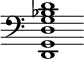 { \override Score.TimeSignature #'stencil = ##f \time 3/2 \clef bass <d, g, d g bes d'>1 }