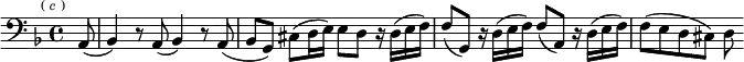 
\relative a, { \clef bass \key d \minor \time 4/4 \partial 8 \mark \markup \tiny { ( \italic c ) } a8( | bes4) r8 a8( bes4) r8 a( | bes g) cis( d16 e) e8 d r16 d( e f) | f8( g,) r16 d'( e f) f8( a,) r16 d( e f) | f8[( e d cis]) d }