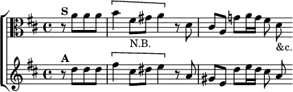  \new ChoirStaff <<
  \new Staff \relative a' { \clef alto \key d \major \time 4/4 \partial 2
    r8^\markup \bold "S" a a a |\[ b4 fis8_"N.B." gis a4 \] r8 d, |
    cis a g'! a16 g fis8 d_"&c." }
  \new Staff \relative d'' { \key d \major
    r8^\markup \bold "A" d d d |\[ fis4 cis8 dis e4 \] r8 a, |
    gis e d' e16 d cis8 a } >>