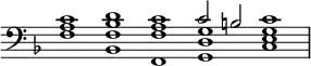 { \override Score.TimeSignature #'stencil = ##f \time 5/1 \key f \major \clef bass << { c'1 d' c' c'2 b c'1 | } \\ { <f a >1 <bes, f bes > <f, f a> <g, d g> <c e g> } >> }