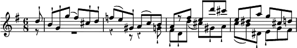 { \override Score.Rest #'style = #'classical \key g \major \time 6/8 \partial 8 \relative d'' << { d8-! b-! g-! g'( fis) cis-! d-! | f( e) gis,-! a( c) b | a[ r fis'] e[ d' cis] | e, dis a' g cis, d } \\ { r8 R2. r4 r8 r4 g,8-! fis-! d-! d'( cis) gis-! a-! c( b) dis,-! e-! g fis } >> }