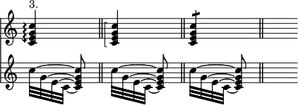 { \override Score.TimeSignature #'stencil = ##f \time 1/4 \set Timing.defaultBarType = "||" << \relative c' { \arpeggioArrowDown <c e g c>4\arpeggio^"3." | \arpeggioBracket <c e g c>\arpeggio | \stemUp <c e g c>:8 | s8 }
\new Staff { \relative c'' { \set tieWaitForNote = ##t \stemDown c32[ ~ g ~ e ~ c] ~ \stemUp <c' g e c>8 | \stemDown c32[ ~ g ~ e ~ c] ~ \stemUp <c' g e c>8 | \stemDown c32[ ~ g ~ e ~ c] ~ \stemUp <c' g e c>8 | s8 } } >> }