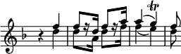 
{ \override Score.TimeSignature #'stencil = ##f \time 2/4 \key d \minor \relative f'' { r4 << { f4 | f8[ r16 d] f8[ r16 a] | a4( g\trill) | f8 } \\ { d4 | d8[ s16 a] d8[ s16 f] | f4( e) | d8 } >> } }