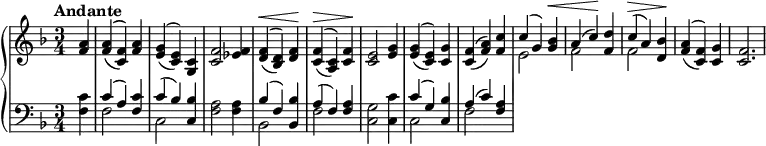 
\relative c' {
  \new PianoStaff <<
    \new Staff {
      \key f \major \time 3/4 \tempo "Andante" \dynamicUp \set doubleSlurs = ##t
      \partial 4 <f a> | <f a>( <c f>) <f a> <e g>( <c e>) <c g> <c f>2 <ees f>4 <d f>\<( <bes d>) <d f>\! <c f>\>( <a c>) <c f>\! <c e>2 <e g>4 <e g>( <c e>) <c g'> <c f>( <f a>) <f c'> << \dynamicUp { c'( g) <g bes>\< } \\ { e2 } >>  << { a4( c)\! <d f,> } \\ { f,2 } >> << \dynamicUp { c'4\>( a) <bes d,>\! } \\ { f2 } >> <f a>4( <c f>) <c g'> <c f>2.
}
    \new Staff {
      \clef "bass" \key f \major
      \partial 4 <c f,>4 | << { c( a) <c f,> } \\ { f,2 } >> << { c'4( bes) <bes c,> } \\ { c,2 } >> <f a>2 <f a>4 << { bes( f) <bes bes,> } \\ { bes,2 } >> << { a'4( f) <f a> } \\ { f2 } >> <g c,>2 <c c,>4 << { c( g) <bes c,> } \\ { c,2 }  >> << { a'4( c) <f, a> } \\ { f2 } >>
}
  >>
}

