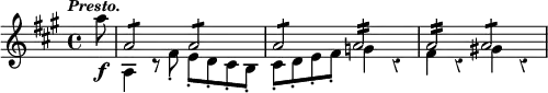 { \time 4/4 \key a \major \override Score.Rest #'style = #'classical \tempo \markup { \smaller \italic Presto. } \partial 8 \relative a'' { a8\f << { a,2:8 a: a: a:16 a: a:8 } \\ { a,4 r8 fis'-. e-. d-. cis-. b-. cis-. d-. e-. fis-. g4 r fis r gis! r } >> } }