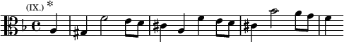 \relative a { \clef alto \key f \major \time 4/4 \partial 4 \mark \markup { \tiny "(IX.)" * } a4 | gis f'2 e8 d | cis4 a f' e8 d | cis4 bes'2 a8 g | f4 }