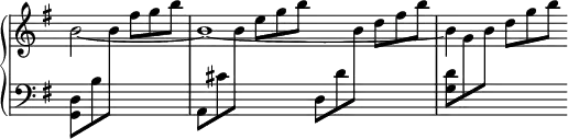 \new PianoStaff << \override Score.TimeSignature #'stencil = ##f \time 4/4 \new Staff = "T" { \key g \major \partial 2 \relative b' { b2 _~ b1 _~ b4 } }
\new Staff = "B" { \key g \major \clef bass \override TupletNumber #'stencil = ##f \override TupletBracket #'bracket-visibility = ##f \times 2/3 { <g, d>8 b \change Staff = "T" b' } \times 2/3 { fis'' g'' b'' } \change Staff = "B" \times 2/3 { a, cis' \change Staff = "T" b' } \times 2/3 { e'' g'' b'' } \change Staff = "B" \times 2/3 { d d' \change Staff = "T" b' } \times 2/3 { d'' fis'' b'' } \change Staff = "B" \times 2/3 { <g d'> \change Staff = "T" g' b' } \times 2/3 { d'' g'' b'' } } >>