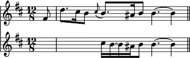 { \time 12/8 \key b \minor \partial 8 << \relative f' { fis8 | d'8. cis16 b8 \appoggiatura cis8 b8. ais16 b8 b4. ~ b4 \bar "||" }
\new Staff { \clef treble \key b \minor \relative c'' { s8 | s4. cis16 b ~ b ais b8 b4. ~ b4 | } } >> }