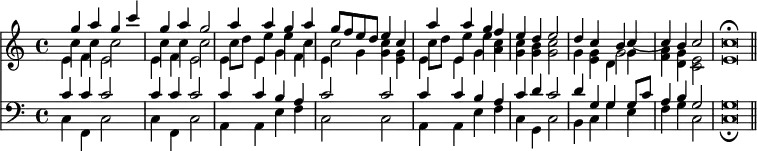 << \new Staff { \time 4/4 << \new Voice \relative g'' { \stemUp g4 a g c | g a g2 | a4 a g a | g8 f e d e4 c | a' a g f | e d e2 | d4 c b c ~ | c b c2 | c\breve*1/2^\fermata \bar "||" }
\new Voice \relative c'' { \stemDown c4 c c2 | c4 c c2 | c8 d e4 e c | c2 s | c8 d e4 e s | s1 | s2 g, }
\new Voice \relative e' { \stemDown e4 f e2 | e4 f e2 | e4 e g f | e g <g c> <e g> | e e g <a c> | <g c> <g b> <g c>2 | g4 <e g> d g | <f a> <d g> <c e>2 | e\breve*1/2 } >> }
\new Staff { \clef bass << \new Voice \relative c' { \stemUp c4 c c2 | c4 c c2 | c4 c b a | c2 c | c4 c b a | c d c2 | d4 g, g g8 c | a4 b g2 | g\breve*1/2 }
\new Voice \relative c { \stemDown c4 f, c'2 | c4 f, c'2 | a4 a e' f | c2 c | a4 a e' f | c g c2 | b4 c g' e | f g c,2 | c\breve*1/2_\fermata } >> } >>