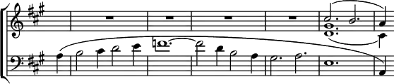 \new ChoirStaff << \override Score.Rest #'style = #'classical \override Score.TimeSignature #'stencil = ##f
  \new Staff \relative c'' { \time 6/4 \partial 4 \key a \major
    s4 | R1.*4 | << { cis2.^( b | a4 ) } \\ { <gis d>1._( cis,4) } >> }
  \new Staff \relative a { \clef bass \key a \major
    a4^\( b2 cis4 d2 e4 | f1. ^~ f2 d4 b2 a4 |
    gis2. a | e1. | a,4\) } >>