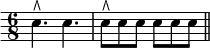 { \time 6/8 \override Score.Clef #'stencil = ##f \clef bass
 e4.^\rtoe e | e8^\rtoe e e e e e \bar "||" }