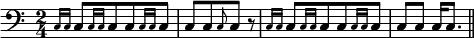 { \clef bass \time 2/4
 \grace { c16 c } c8[ \grace { c16 c } c8 c \grace { c16 c } c8] |
 c8[ c \grace c c] r |
 \grace { c16 c } c8[ \grace { c16 c } c8 c \grace { c16 c } c8] |
 c8[ c] c16[ c8.] \bar "||" }