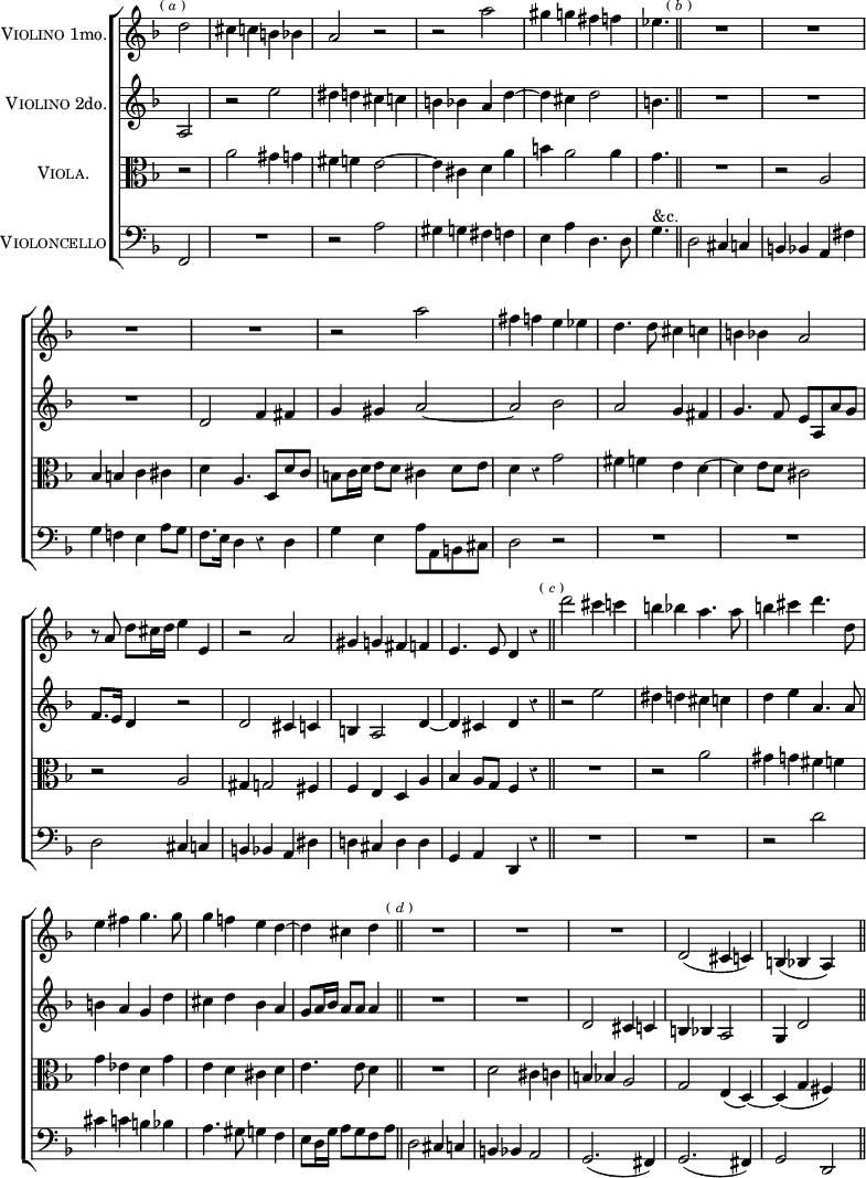 #(set-global-staff-size 19)
\header { tagline = ##f }
\score { \new ChoirStaff << \override Score.BarNumber #'break-visibility = #'#(#f #f #f) \override Score.Rest #'style = #'classical \override Score.TimeSignature #'stencil = ##f \override Score.PageNumber #'break-visibility = #'#(#f #f #f)
  \new Staff \with { instrumentName = \markup { \caps "Violino" 1mo. } } \relative d'' { \time 4/4 \partial 2 \key d \minor \mark \markup \tiny { (\italic"a") }
    d2 | cis4 c b bes | a2 r | r a' | gis4 g fis f |
    \partial 4. ees4. \bar "||" \mark \markup \tiny { (\italic"b") }
    R1*3 %end prev page
    R1 r2 a2 | fis4 f e ees | d4. d8 cis4 c | b bes a2 |
    r8 a d cis16 d e4 e, | r2 a | gis4 g fis f | e4. e8 d4 r \bar "||"
    \mark \markup \tiny { (\italic"c") }
    d''2 cis4 c | b bes a4. a8 |b4 cis d4. d,8 | e4 fis g4. g8 |
    g4 f! e d ~ | \partial 2. d cis d \bar "||"
    \mark \markup \tiny { (\italic"d") } R1*2 %end this page
    R1 d,2( cis4 c) | b( bes a) s \bar "||" }
  \new Staff \with { instrumentName = \markup { \caps "Violino" 2do. } } \relative a { \key d \minor
    a2 | r e'' | dis4 d cis c | b bes a d ~ | d cis d2 | b4. | R1*3
    d,2 f4 fis | g gis a2 ~ | a bes | a g4 fis |
    g4. f8 e a, a' g | f8. e16 d4 r2 | d2 cis4 c |
    b a2 d4 ~ | d cis d r
    r2 e' | dis4 d cis c | d e a,4. a8 | b4 a g d' |
    cis d bes a | g8 a16 bes a8 a a4 | R1*2
    d,2 cis4 c | b bes a2 | g4 d'2 s4 }
  \new Staff \with { instrumentName = \markup \caps "Viola." } \relative a' { \clef alto \key d \minor
    r2 | a gis4 g | fis f e2 ~ | e4 cis d a' | b a2 a4 | g4. |
    R1 r2 a, | bes4 b c cis | %end prev page
    d a4. d,8[ d' c] | b c16 d e8 d cis4 d8 e | d4 r g2 |
    fis4 f e d ~ | d e8 d cis2 | r a | gis4 g2 fis4 | f e d a' |
    bes a8 g f4 r | R1 r2 a' | gis4 g fis f | g ees d g | e d cis d |
    e4. e8 d4 | R1 d2 cis4 c | %end this page
    b bes a2 | g e4_( d) _~ d_( g fis) s }
  \new Staff \with { instrumentName = \markup \caps "Violoncello" } \relative f, { \clef bass \key d \minor
    f2 | R1 r2 a' | gis4 g fis f | e a d,4. d8 g4.^"&c." |
    d2 cis4 c | b bes a fis' | g f! e a8 g | %end prev page
    f8. e16 d4 r d | g e a8 a, b cis | d2 r R1*2 | d2 cis4 c |
    b bes a dis | d! cis d d | g, a d, r | R1*2 r2 d''2 |
    cis4 c b bes | a4. gis8 g4 f | e8 d16 g a8 g f a |
    d,2 cis4 c b bes a2 | %end this page
    g2.( fis4) | g2.( fis4) | g2 d } >>
\layout { indent = 2.0\cm } }