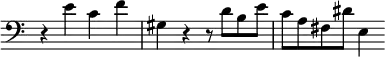 { \override Score.TimeSignature #'stencil = ##f \clef bass \time 4/4 \relative e' { r4 e c f | gis, r r8 d' b e | c a fis dis' e,4 } }