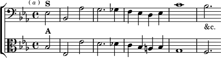 \new ChoirStaff <<
  \new Staff \relative e { \clef bass \key ees \major \time 4/4 \partial 2 \mark \markup \tiny { ( \italic a ) }
    ees2^\markup \bold "S" | bes aes' | g2. ges4 |
    f ees d ees | c'1 bes2._"&c." }
  \new Staff \relative b { \clef alto \key ees \major
    bes2^\markup \bold "A" | ees, ees' | d2. des4 |
    c bes a bes | g1 | f2. } >>