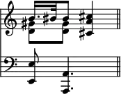 << \override Score.TimeSignature #'stencil = ##f \new Staff { \time 2/4 \key c \major \relative b' << { b16. bis32 bis8 <cis a cis,>4 \bar "||" } \\ { <gis d>8 q } >> } \new Staff { \clef bass \key c \major <e e,>8 <a, a,,>4. } >>