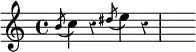 { \time 4/4 \override Score.Rest #'style = #'classical \relative b' { \acciaccatura b8 c4 r \acciaccatura dis8 e4 r | s } }