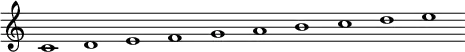 { \override Score.TimeSignature #'stencil = ##f \relative c' { \cadenzaOn c1 d e f g a b c d e } }