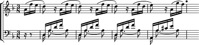 \new ChoirStaff <<
  \new Staff \relative a' { \key d \minor \time 3/8 \partial 8.
    \repeat unfold 3 { a16\( f' e | d8-.\) r16 } a\( f' d |
    e8\) r16 a,\( g' f | \mark "•" s\) }
  \new Staff \relative d { \clef bass \key d \minor \mergeDifferentlyDottedOn
    r16 r8 | << { \repeat unfold 3 { d16 a' d f s8 } a,,16 a' cis e s8 }
    \\ { \autoBeamOff d,16 a'8. _~ a8 d,16 a'8. _~ a8 d,16 a'8. _~ a8 a,16 a'8. ~ a8 } >> s16 } >>