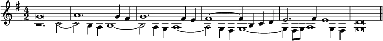 { \time 4/2 \key g \major \relative g' << { g\breve a1. g4 fis g1. fis4 e fis1 ~ fis4 b, c d e2. fis4 e1 d\breve \bar "||" } \\ { r1. c2 ~ c b4 a b1 ~ b2 a4 g a1 ~ a2 g4 fis g1 ~ g4 fis8 g a1 g4 fis g\breve } >> }