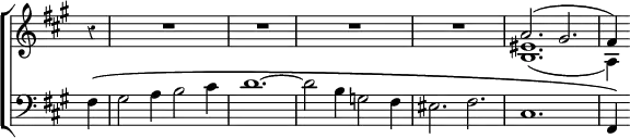 \new ChoirStaff << \override Score.Rest #'style = #'classical \override Score.TimeSignature #'stencil = ##f
  \new Staff \relative a' { \time 6/4 \partial 4 \key fis \minor
    r4 | R1.*4 | << { a2.^( gis | fis4 ) } \\ { <eis b>1._( | a,4) } >> }
  \new Staff \relative f { \clef bass \key fis \minor
    fis4^\( gis2 a4 b2 cis4 | d1. ^~ d2 b4 g2 fis4 |
    eis2. fis | cis1. | fis,4\) } >>