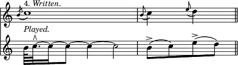 { \override Score.TimeSignature #'stencil = ##f \time 4/4 << \relative c'' { \acciaccatura b8 c1^\markup { 4. \italic Written. } | \appoggiatura b8 c4 \appoggiatura e8 d4 \bar "||" }
\new Staff { \relative c'' { b64^\markup { \italic Played. } c32.\rtoe ~ c16 ~ c8 ~ c4 ~ c2 | b8->( c) e->( d) } } >> }