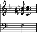 { \override Score.TimeSignature #'stencil = ##f \time 2/4 \key f \major << \relative b' { <b gis des>8 <c a c,>4. } \new Staff { \clef bass f2 } >> }