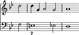 { \override Score.TimeSignature #'stencil = ##f \time 3/2 \key bes \major \partial 2 << \relative d'' { d2 d4 g, a2 g a1 }
\new Staff { \clef bass \key bes \major f2 e1 ees2 d1 }
\figures { < _ >2 < 7 >1 } >> }