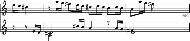 << \override Score.TimeSignature #'stencil = ##f \new Staff { \partial 4. \relative e'' { e16 d cis4 | r8 a'16 g fis8 e16 d cis8 d16 cis b8 cis16 b | a8 a'16 g fis8 s s4 s_"etc." } }
\new Staff { \relative e' { r8 r e16 d | << { cis4. cis'16 b a4 r8 a16 g | fis4 } \\ { a,2 s d1 } >> } } >>