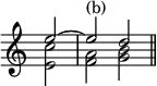 { \new Staff << \override Score.TimeSignature #'stencil = ##f \time 2/2 \partial 2
\new Voice \relative e'' { \stemUp e2 ^~ e^"(b)" d \bar "||" }
\new Voice \relative e' { \stemDown <e c'>2 <f a> <g b> } >> }