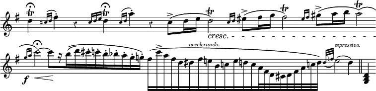 { \relative d'' { \key g \major \cadenzaOn \override Score.Rest #'style = #'classical \override Score.TimeSignature #'stencil = ##f
 d4\trill\fermata \grace{ cis16^( d } fis4-.) r4
  \grace { cis16 d e } d4\trill\fermata
  \grace { cis16^( d } a'4-.) r4 cis,8[->^\( d16 e] %end line 1
 d2\)\trill\cresc \grace { cis16 d } eis8[->^\( fis16 g] fis2\)\trill
  \grace { eis16 fis } gis8[->\( a16 b] a2\trill\)\( \bar "" %end line 2
 \grace { gis16\f a } c2\)\fermata\< ~ c8[\! r16 b(\( d)\> cis-. c-. b-. bes-. a-. gis-. g-.\)] %end line 3
 fis16^\([ c'-> a fis d dis^\markup \teeny \italic "accelerando." fis e b c e d! c a32 fis d cis d fis a c! d\)]
  \appoggiatura { d32 f } e2(^\markup \teeny \italic "espressivo." d4) \bar "||" <d, b g>4 } }