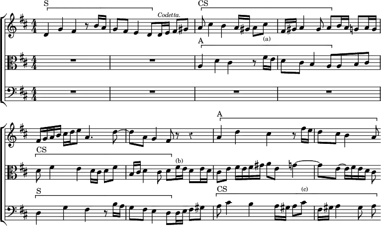 \new ChoirStaff << \override Score.Rest #'style = #'classical \override Score.BarNumber #'break-visibility = #'#(#f #f #f)
  \new Staff \relative d' { \key d \major \time 4/4 \numericTimeSignature
    \[ d4^"S" g fis r8 b16 a |
    g8 fis e4 d8[ \] d16^\markup \tiny \italic "Codetta." e] fis8 gis
    \[ a8^"CS" cis4 b a16 gis a8 cis_\markup \tiny "(a)" |
    fis,16 gis a4 gis8 a[ \] b16 a] g8 a16 g |
    fis g a b cis d e8 a,4. d8 ~ | d a g4 fis8 r r4 |
    \[ a^"A" d cis r8 fis16 e | d8 cis b4 a8 \] }
  \new Staff \relative a { \clef alto \key d \major \numericTimeSignature
    R1 R1 \[ a4^"A" d cis r8 fis16 e |
    d8 cis b4 a8[ \] a b cis] |
    \[ d8^"CS" fis4 e d16 cis d8 fis |
    b,16 cis d4 cis8 d[ \] fis16^\markup \tiny "(b)" e] d8 e16 d |
    cis8 e fis16 e fis gis a8 e g4 ~ |
    g8 e ~ e16 fis e d cis8 }
  \new Staff \relative d { \clef bass \key d \major \numericTimeSignature
    R1*4 \[ d4^"S" g fis r8 b16 a |
    g8 fis e4 d8[ \] d16 e] fis8 gis |
    \[ a8^"CS" cis4 b a16 gis a8 cis^\markup \tiny "(c)" |
    fis,16 gis a4 gis8 a \] } >>