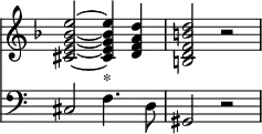 { \override Score.TimeSignature #'stencil = ##f \time 4/4 \key d \minor << \relative e'' { <e bes g e cis>2 ~ q4 <d a f d> <d b f d b>2 r }
\new Staff { \clef bass cis2 f4.^"*" d8 gis,2 r } >> }