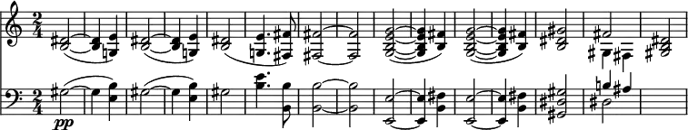 { \time 2/4 << \relative d' { \repeat unfold 2 { <dis b>2( ~ | q4 <e g,!>) | } <dis b>2( | <e g,!>4. <fis fis,>8) | q2 ~ | q2 | \repeat unfold 2 { <g e b g>2( ~ | q4 <fis b,>) | } <gis dis b>2 | << { fis2 } \\ { gis,4 fis } >> | <dis' b gis>2 | }
\new Staff { \clef bass \relative g { gis2\pp( ~ | gis4 <b e,>) gis2( ~ | gis4 <b e,>) | gis2( | <b e>4. <b b,>8 | q2 ~ | q2 | \repeat unfold 2 { <e, e,>2( ~ | q4 <fis b,> | } <gis dis gis,>2 | << { b!4 ais } \\ { dis,2 } >> | s2 | } }
>> }