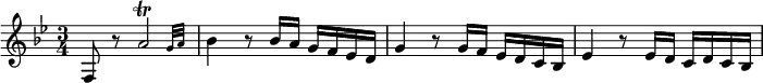 \relative f { \key bes \major \time 3/4 f8 r \afterGrace a'2\trill { g32[ a] } | bes4 r8 bes16 a g f ees d | g4 r8 g16 f ees d c bes | ees4 r8 ees16 d c d c bes }