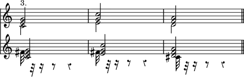 { \override Score.Rest #'style = #'classical \override Score.TimeSignature #'stencil = ##f \time 2/4 << { << { <g' e'>2^\markup { 3. } | <c'' g'> | <a' f'> } \\ { c'2 | e' | d' } >> \bar "||" } 
\new Staff { << { <g' e' c'>2 | <c'' g' e'> | <a' f' d'> } \\ { fis'32 r r16 r8 r4 | fis'32 r r16 r8 r4 | cis'32 r r16 r8 r4 } >> \bar "||" } >> } %needs the chord slashes still