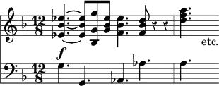 { << \new Staff \relative e'' { \key d \minor \time 12/8 \override Score.Rest #'style = #'classical
 <ees bes ees,>4. ~ q8 <g g, bes,> <ees bes g> <ees bes f>4. <d bes f>8 r4*1/2 r | <d f a>4. s_"etc." }
\new Staff { \key d \minor \clef bass
 g4.^\f g, aes, aes | a s } >> }