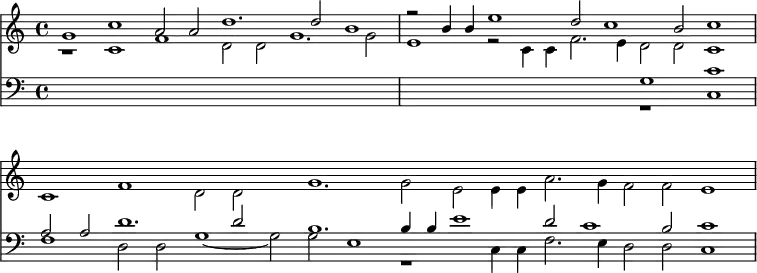 { \time 4/4 << { \set Staff.midiInstrument = #"church organ" \set Score.tempoHideNote = ##t \tempo 4 = 120 \clef treble \cadenzaOn << \relative g' { g1 c a2 a d1. d2 b1 \bar "|" r2 b4 b e1 d2 c1 b2 c1 \bar "|" } \\ \relative c' { r1 c f d2 d g1. g2 | e1 r2 c4 c f2. e4 d2 d c1 | c f d2 d s g1. g2 e e4 e a2. g4 f2 f e1 \bar "|" } >> }
\new Staff { \set Staff.midiInstrument = #"church organ" \time 4/4 \clef bass \cadenzaOn { s1 s s s s s | s s s << \relative g { g1 c | a2 a d1. d2 s b1. b4 b e1 d2 c1 b2 c1 | } \\ \relative c { r1 c | f d2 d g1 ~ g2 g e1 r c4 c f2. e4 d2 d c1 } >> } } >> }