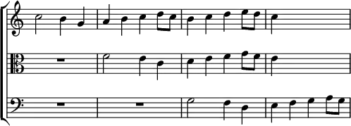 \new ChoirStaff << \override Score.TimeSignature #'stencil = ##f
  \new Staff \relative c'' { \key c \major \time 2/2
    c2 b4 g | a b c d8 c | b4 c d e8 d | c4 s2. }
  \new Staff \relative f' { \clef alto \key c \major
    R1 f2 e4 c | d e f g8 f | e4 s2. }
  \new Staff \relative g { \clef bass \key c \major
    R1*2 g2 f4 d | e f g a8 g } >>