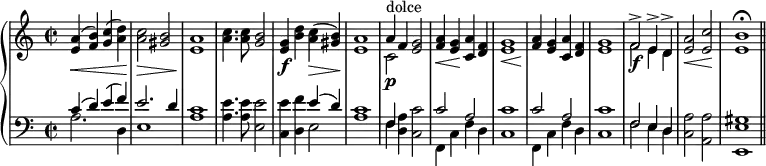 
\new PianoStaff <<
\new Staff { 
  \time 2/2
  \relative e' {
  <e a>4\<^( <f b>) <g c>^( <a d>\!) | <a c>2\> <gis b> |
  <a e>1\! | <a c>4. q8 <g b>2 |
  <g e>4\f <b d> <a c>\>^( <gis b>\!) | <e a>1 |
  << { a4 f } \\ { c2\p^"dolce" } >> <e g> | 
  <f a>4\< <e g>\! <c a'> <d f> | <e g>1\< |
  <f a>4\! <e g> <c a'> <d f> | <e g>1 |
  << { f2^>\f e4^> d^> } \\ { f2 e4 d } >> |
  <e a>2\< <e c'>2\! | <e b'>1\fermata \bar "||"
} }
\new Staff {
  \clef bass
  \relative c' {
  << { c4^( d) e^( f) | e2. d4 } \\ { a2. d,4 e1 } >> | <a c>1 |
  <a e'>4. q8 <e e'>2 |
  <c e'>4 <d f'> << { e'( d4) } \\ { e,2 } >> | <a c>1 |
  << { f4 } \\ { f } >> <a d,>4 <c c,>2 | 
  \repeat unfold 2 { << { c2 a2 c1 } \\ { f,,4 c' f d c1 } >> } |
  << { f2 e4 d } \\ { f2 e4 d } >> | <c a'>2 <a a'>2 | <e e' gis>1  
} }
>>
