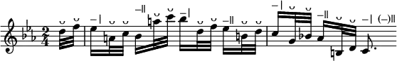 { \time 2/4 \key ees \major \partial 16 \relative d'' { d32^"ᴗ" f^"ᴗ" | ees16^"–|"[ a,32^"ᴗ" c^"ᴗ"] bes16^"–ǁ"[ a'32^"ᴗ" c^"ᴗ"] bes16^"–|"[ d,32^"ᴗ" f^"ᴗ"] ees16^"–ǁ"[ b32^"ᴗ" d^"ᴗ"] | c16^"–|"[ g32^"ᴗ" bes!^"ᴗ"] aes16^"–ǁ"[ b,32^"ᴗ" d^"ᴗ"] c8.^"–| (–)ǁ" } }