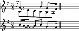 { \time 3/4 \key g \major << { << \relative b' {  \appoggiatura b8 \stemUp a4. b8 g8. fis16 \bar "||" s8 } \\ { c'8 e' d' c' b a | s } \\ { fis'2. | s8 } >> }
\new Staff { \key g \major \relative b' { \grace s8 b16 a ~ a8 ~ a b g8. fis16 | s8 } } >> }