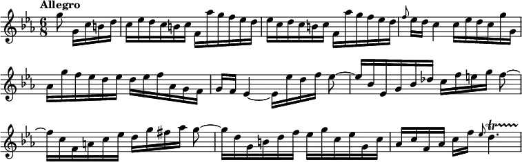 { \relative g'' { \time 6/8 \tempo "Allegro" \key ees \major \override Score.BarNumber #'break-visibility = #'#(#f #f #f) \partial 4.
  g8\noBeam g,16 c b d | c ees d c b c f, aes' g f ees d | %end line 1
  ees c d c b c f, aes' g f ees d |
  \grace f8 ees16 d c4 c16 ees d c g' g, | %end line 2
  aes g' f ees d ees d ees f aes, g f |
  g f ees4 ~ ees16 ees' d f ees8\noBeam ~ | %end line 3
  ees16 bes ees, g bes des c f e g f8\noBeam ~ |
  f16 c f, a c ees d g fis aes g8\noBeam ~ |
  g16 d g, b d f ees g c, ees g, c |
  aes c f, aes c[ f] \grace ees8 d4.\startTrillSpan } }