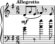 
\relative c' {
  \new GrandStaff <<
    \new Staff {
      \key g \major
      \time 6/8
      \tempo Allegretto
      d8\mf\( g e fes\) r e
    }
    \new Staff {
      \clef "bass"
      \key g \major
      \time 6/8
      <g b>4 r8 <c b'>4 q8
    }
  >>
}
