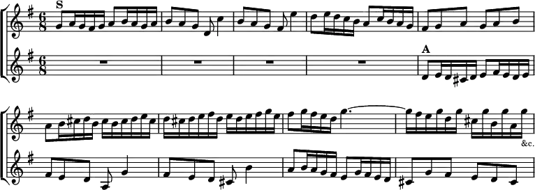 \new ChoirStaff << \override Score.BarNumber #'break-visibility = #'#(#f #f #f) \new Staff \relative g' { \key g \major \time 6/8 g8^\markup { \bold S } a16 g fis g a8 b16 a g a |
  b8 a g d c'4 | b8 a g fis e'4 | d8 e16 d c b a8 c16 b a g |
  fis8 g a g a b | a b16 cis d b cis b cis d e cis |
  d cis d e fis d e d e fis g e |
  fis8 g16 fis e d g4. ~ |
  g16 fis e g d g cis, g' b, g' a, g'_\markup { \tiny &c. } }
\new Staff \relative d' { \key g \major R2.*4 |
  d8^\markup { \bold A } e16 d cis d e8 fis16 e d e | fis8 e d a g'4 |
  fis8 e d cis b'4 | a8 b16 a g fis e8 g16 fis e d |
  cis8 g' fis e d cis } >> 